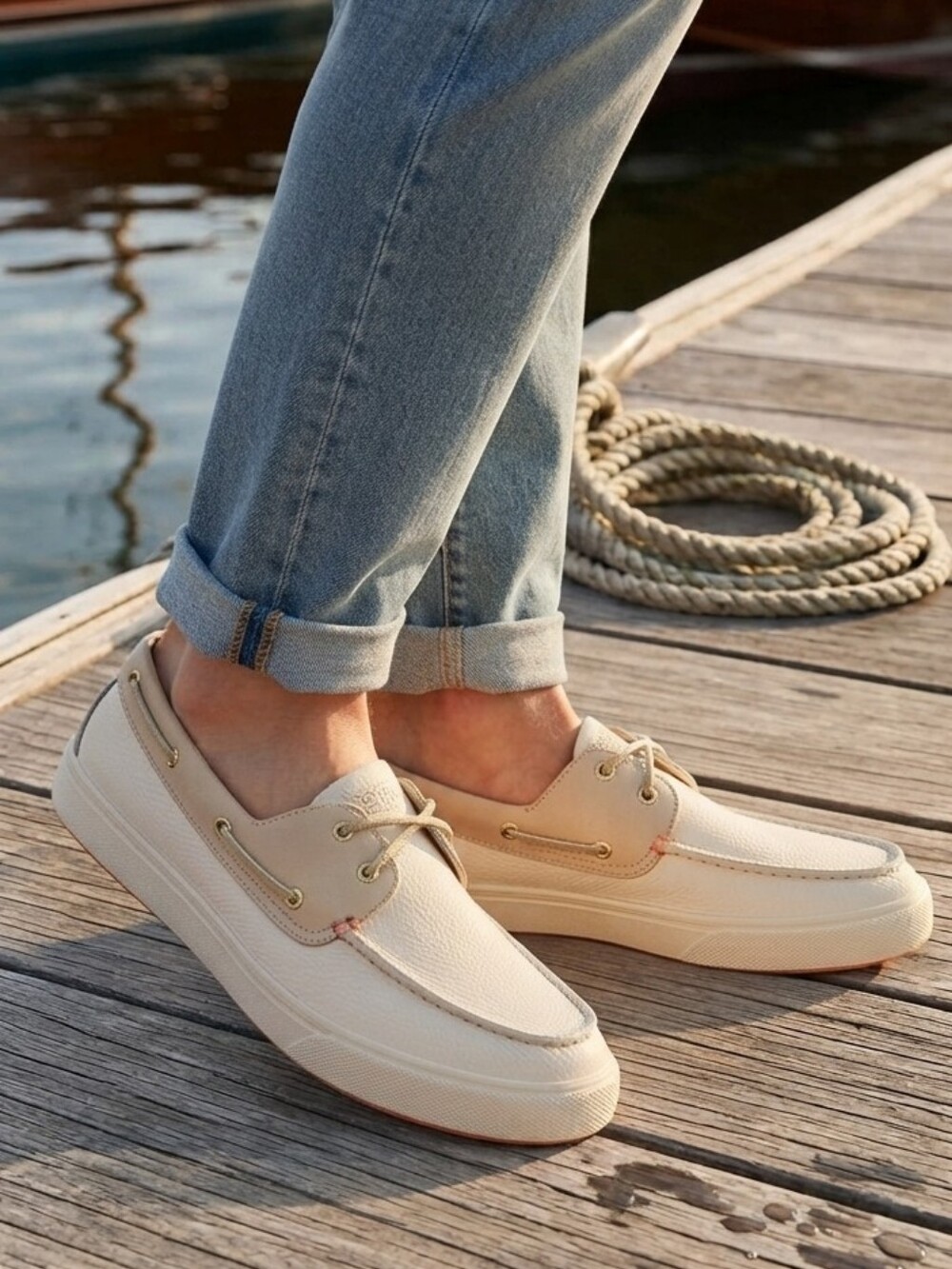 Sperry Boat Shoes Bahama Plushwave Mens US 7.5 Bone Leather Low Top Lace Up